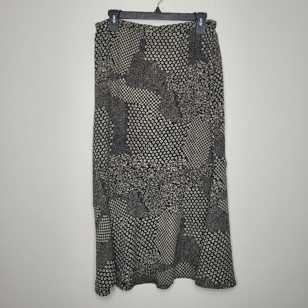 Sag Harbor tan black mixed floral print partchwork midi maxi size skirt 14p